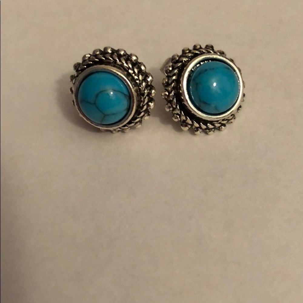 Turquoise Antique Silver Post Earrings